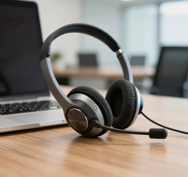 A close-up of a high-quality professional headset resting on a wooden desk next to a laptop, soft focus on a South American corporate office background, bright natural lighting.