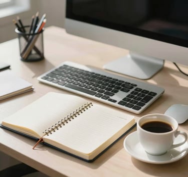 An organized and efficient South American administrative workspace featuring a notebook, a sleek modern computer, and a cup of coffee, bright morning light, professional atmosphere.