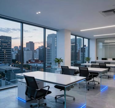 An ultra-modern, minimalist office interior in a Latin American city at dusk, featuring sleek glass furniture and soft electric blue ambient lighting, captured with a wide-angle lens.
