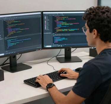 A professional Latin American specialist sitting at a clean, minimalist workstation with multiple monitors displaying lines of code and automation workflows, cinematic lighting.