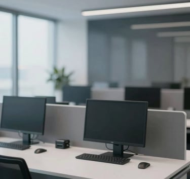 A sleek, modern Australian office space with high-end tech equipment, soft professional lighting, and a palette of charcoal (#34495E) and white (#F8F9FA).