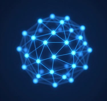 A high-tech, abstract 3D visualization of digital networks and AI nodes, glowing with electric blue (#007ACC) against a deep navy (#0F1E2E) backdrop, conveying expertise and innovation.