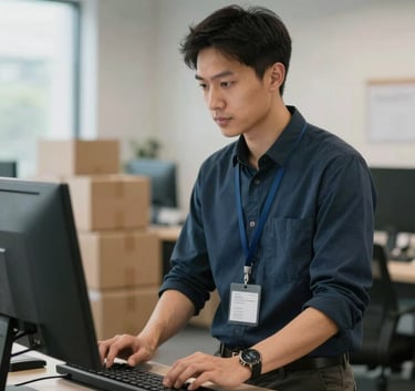 A professional logistics coordinator in a modern Maryland office, using a computer to manage shipments for a South American / Bolivian client, surrounded by a clean and trustworthy environment.