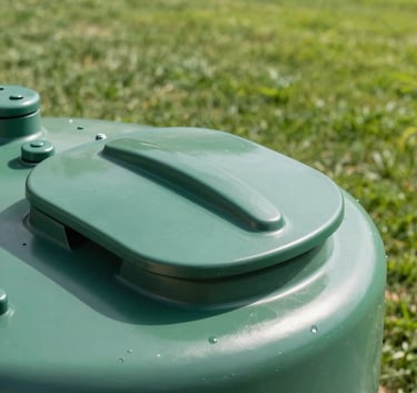 Close-up of a modern, heavy-duty green septic tank access lid flush with a perfectly manicured lawn in a North American backyard, bright natural lighting.