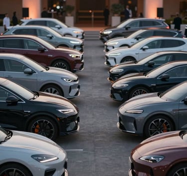 An organized row of high-end luxury SUVs and sports cars parked at a private event. The composition is symmetrical and professional, showing strategic management. Lighting is dusk with subtle #6A0505 architectural highlights.