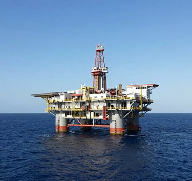 A wide-angle photography shot of a modern offshore petroleum platform in the West African gulf, illuminated by bright, clear daylight, with deep navy blue waters and a cloudless horizon.