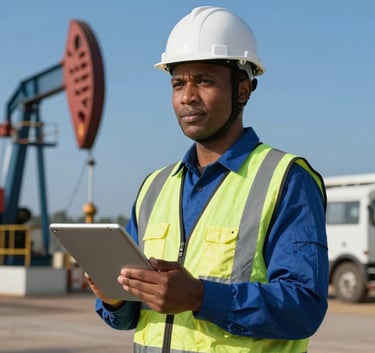 A professional portrait of a technical petroleum engineer wearing safety gear and a hard hat at a West African site, holding a digital tablet, with a slate blue industrial background.