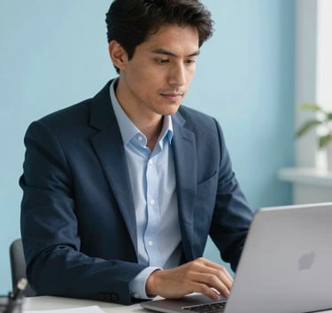 A professional South American / Brazilian business person in a bright and airy workspace, using a sleek laptop, soft sky blue wall in the background, clean and innovative atmosphere.