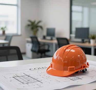 Clean and modern office interior in Colombia, featuring blueprints on a table with a safety orange helmet, bright natural light, professional atmosphere.