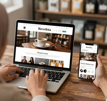 A sleek, minimalist workspace with a laptop showing a professional website for a local Malaysian business. Beside the laptop is a cup of coffee and a small plant. The lighting is bright and airy, featuring the brand's sophisticated #1C2D2F and #F0F5ED tones.