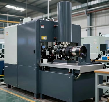 A sophisticated manufacturing facility in India, clean industrial environment showing advanced machinery, charcoal and slate blue color scheme.