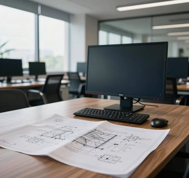 A modern engineering office in Pune, South Asian context, with technical blueprints spread across a large wooden desk and a high-end workstation, soft daylight, navy and gray tones.