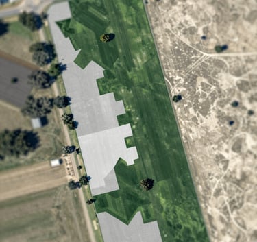 Top-down satellite-style view of a rural property with clean, digital mapping overlays highlighting environmental reserve areas, using professional tones of #2E5F49 and #A0A8A4.