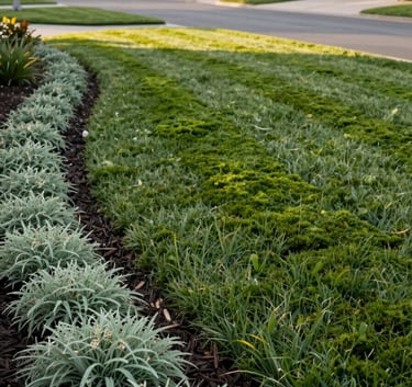 A wide shot of a perfectly manicured lawn in a North American / US suburban neighborhood. A clean-edged flower bed with sage green mulch borders a deep moss green lawn under soft morning sunlight.