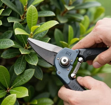 Close-up of professional hands pruning a lush flowering shrub in a North American / US garden. Sharp focus on the clean cut and vibrant forest green leaves.
