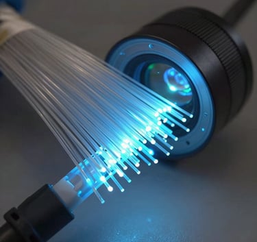 Detailed photograph of fiber optic cables glowing with soft blue light, representing high-speed data transmission and neutral network infrastructure in a South American / Brazilian context.