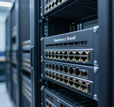 Professional close-up of high-speed network routers in a clean, modern data center in Brazil, soft blue lighting, high-tech corporate atmosphere, emphasizing agility and innovation.
