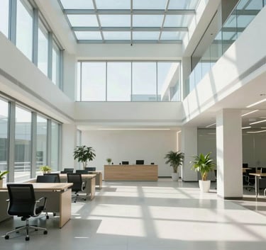 A bright, professional office lobby in North America with high glass ceilings and minimalist furniture, sunbeams illuminating the clean floor, soft tones matching a Pale Blue and Off-White palette.