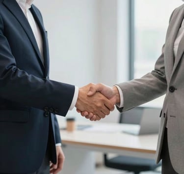 A professional North American business setting where two individuals are seen from the side shaking hands, wearing modern business attire, with a soft-focus background of a clean, bright workspace.