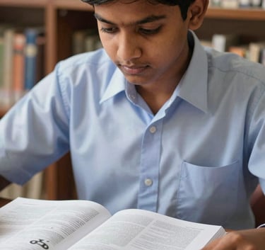 A close-up photograph of a focused student in a clean, professional school uniform in a South Asian / Bangladeshi library setting, looking at an open STEM textbook. The image emphasizes high-quality printing and clear diagrams on the pages. Soft, natural light.