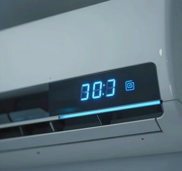 Macro photography of an air conditioning unit's sleek digital interface showing a temperature warning light, focused and sharp with cooling blue ambient light, high-tech aesthetic, North American / US (Miami).