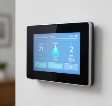 A close-up photograph of a sophisticated smart home climate control touchscreen panel mounted on a clean white wall, displaying indoor temperature status and airflow efficiency metrics in light blue and cyan tones, North American / US (Miami) setting.