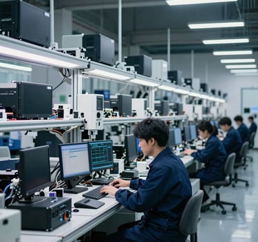 A wide, clean shot of a modern electronics assembly line in an advanced manufacturing facility, organized and efficient, with deep Midnight Navy and Industrial Blue color tones.