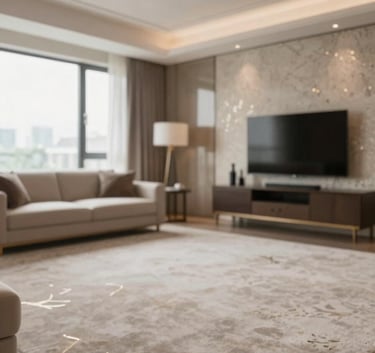 A wide shot of a luxurious living room featuring a large, plush neutral-toned carpet and elegant wallpaper with subtle metallic patterns. The room is filled with natural light, showcasing a modern aesthetic with colors #F7F7F2 and #4E6A5B.