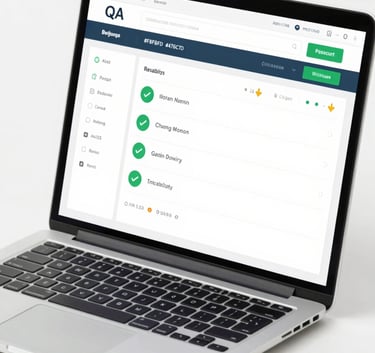 A close-up shot of a high-end laptop screen displaying a clean, professional QA dashboard with green checkmarks and success indicators. The workspace is white and minimalist, reflecting a modern and cutting-edge reliability, with primary colors being shades of #F8FBFD and #476C7D.