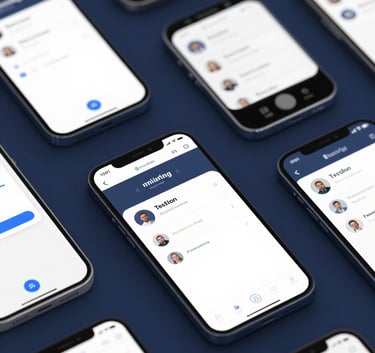 A high-contrast, top-down photograph of multiple mobile devices (phone, tablet) on a dark blue surface. Each screen displays a different testing interface, emphasizing mobile testing capabilities and precision. The aesthetic is clean and modern, incorporating #1C2B3A and #476C7D.