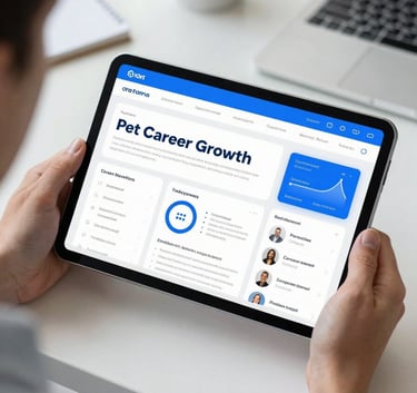 An over-the-shoulder shot of a person using a tablet to view an advanced career growth dashboard. The clean, user-centric interface is illuminated in bright frost white and corporate steel blue within a North American workspace.