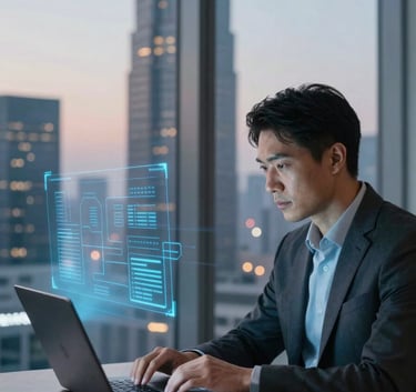 A professional looking at a laptop in a high-rise North American office at dusk. The reflection of city lights and a subtle digital interface projection in soft powder blue tones create a tech-inspired, intelligent atmosphere.