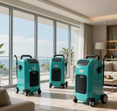 A high-end Miami living room featuring floor-to-ceiling windows, where professional water restoration equipment including teal-colored air movers are strategically placed. The lighting is crisp and natural in this South Florida / US setting.