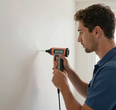 A professional restoration technician in a clean uniform using a specialized moisture detection device on a wall inside a South Florida / US home. The composition focuses on the precision of the work with professional gear visible.
