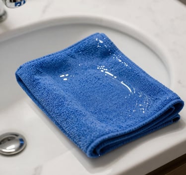 A detailed shot of a bathroom vanity being polished to a mirror shine with a blue microfiber cloth, white marble background, North American style.