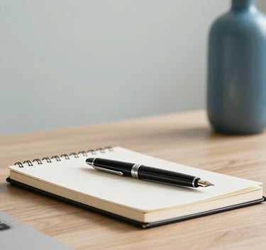 A minimalist and sophisticated office desk featuring a high-end notebook and a fountain pen. The background consists of a wall in pale mist and a decorative object in steel blue. The lighting is bright and clear, emphasizing professionalism.