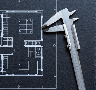 A top-down photographic view of a structured architectural plan with clean lines, laid out on a dark slate navy surface. Beside it, a set of silver professional calipers suggests precision and order.