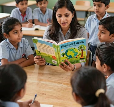 A primary school classroom in India where a group of young children are gathered around a teacher who is reading a large, vibrant storybook about environmental science with great expression.