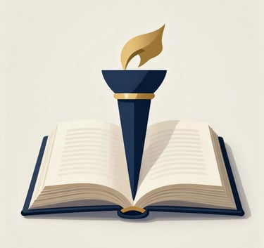 A professional and elegant logo mark featuring an open book and a stylized torch of knowledge, rendered in deep navy and gold, set against a clean off-white background.