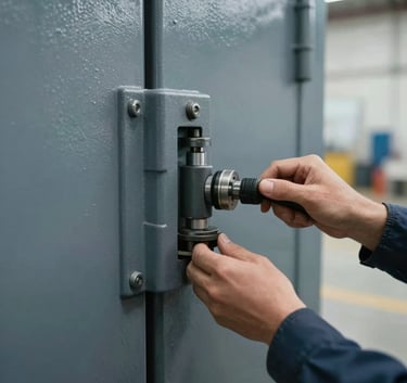 A heavy-duty industrial door closer being adjusted by a professional hand in a North American / US commercial building, focus on the mechanical precision, soft natural lighting, muted blue and slate grey color palette.