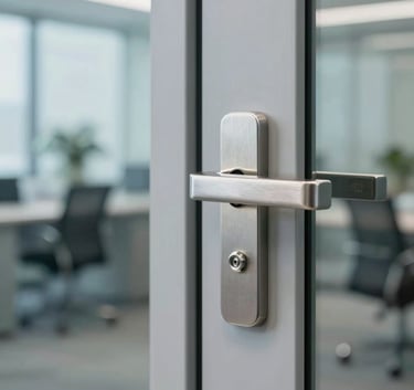 High-quality professional close-up of a modern brushed steel door handle on a sleek commercial glass door, North American / US office setting, bright daylight, professional architectural photography style, light blue and grey tones.