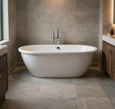An elegant master bathroom in Los Angeles featuring a freestanding soaking tub, large soft gray floor tiles, and warm atmospheric lighting, North American style.
