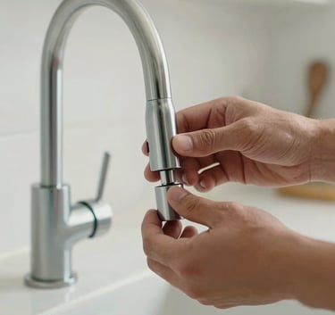 Close-up of a plumber's hands expertly installing a sleek, modern kitchen faucet in a bright, clean North American home kitchen. The composition is tight, showing quality craftsmanship and a light blue and off-white color palette.