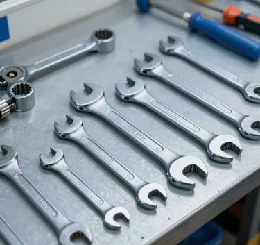 A high-quality, professional toolkit featuring various wrenches and plumbing tools neatly organized on a clean metal workbench in a North American workshop. The scene uses colors like steel blue and light blue, suggesting reliability and technical expertise.