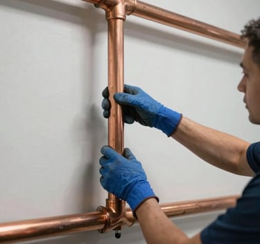 Professional copper piping installation against a clean industrial wall, precise work, modern and efficient aesthetic with Steel Blue highlights.