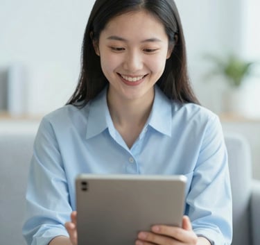 A calm person in a bright room smiling while holding a tablet during a tele-psychology session. The lighting is soft and natural, incorporating #F8FBFD and #AABCCB tones.