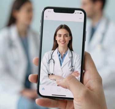 Close-up of hands holding a smartphone with a psychologist on screen, conveying connection and compassion. Background is blurred with soft #5D7A94 colors.