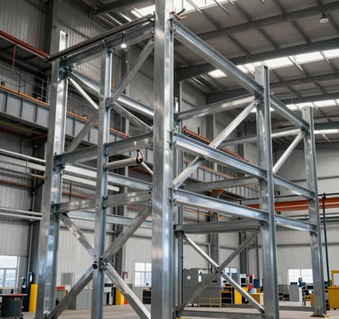 Interior of a vast industrial warehouse showing expert steel frame assembly, professional lighting highlighting silver grey metal textures, North American / Mexican industrial park setting.