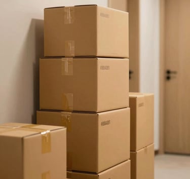 Neatly stacked moving boxes in a modern hallway, featuring a high-quality finish. Some boxes have the company's #B8A081 color on the tape. The lighting is warm and welcoming, suggesting a stress-free start.