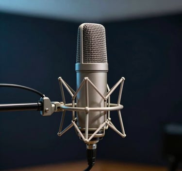 A high-end studio condenser microphone on a shock mount in a professional recording booth. Cinematic lighting with subtle sky blue and white highlights against a dark navy background. Authoritative and minimalist atmosphere. Global / International.